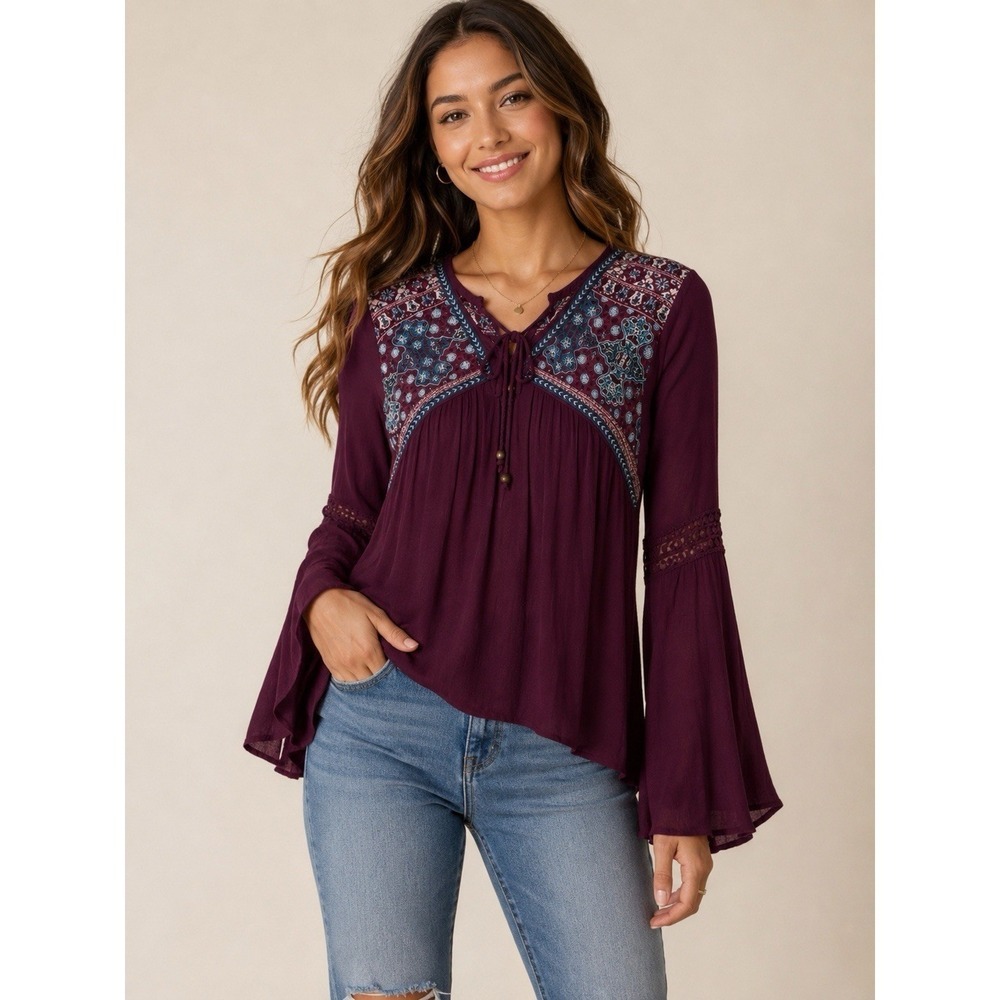 Jolt Women's XL Boho Peasant Top Purple Floral Long Sleeve Embroidered